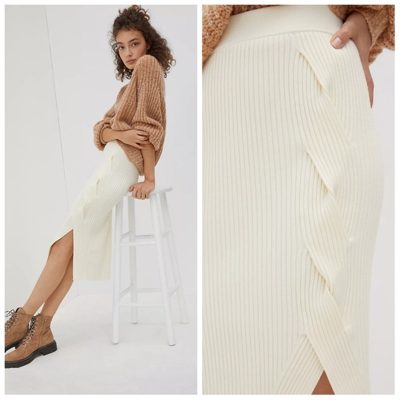 Anthropologie Maeve Desiree Knit Midi Skirt Creamy White Large Petite - Picture 1 of 8